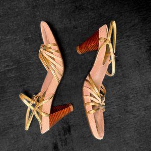 Gold & Silver Strappy Heels with Wooden Heel - AEROSOLES - Size 10